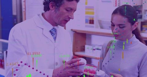 Pharmacist explaining medication to teen reading label with data overlay for health tech