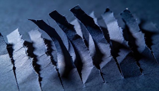 Curling Torn Paper Strips Revealing Frayed Fibers Blue Macro Texture and Shadows