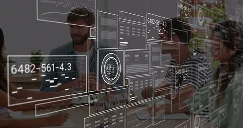 Five colleagues collaborating around laptop with futuristic data HUD overlays in office
