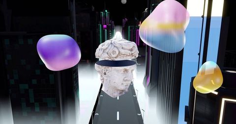 Levitating marble bust wearing visor above neon cyberpunk street with pastel orbs