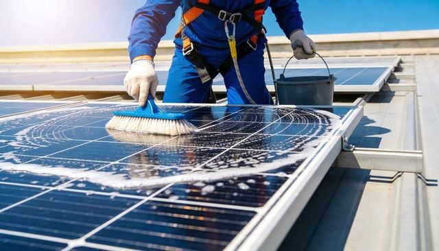 Rooftop technician cleaning solar panels wearing safety harness and blue coveralls