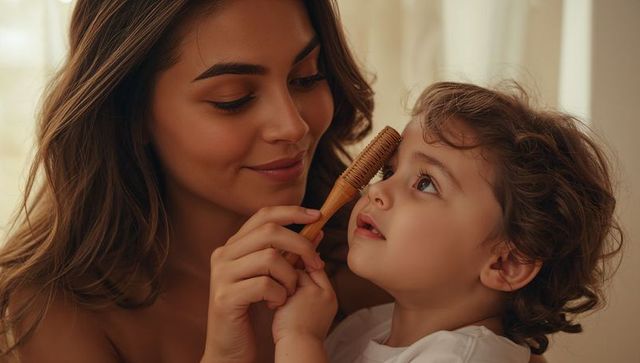 Mother brushing toddler hair at home, tender bonding moment with warm caregiving intimacy
