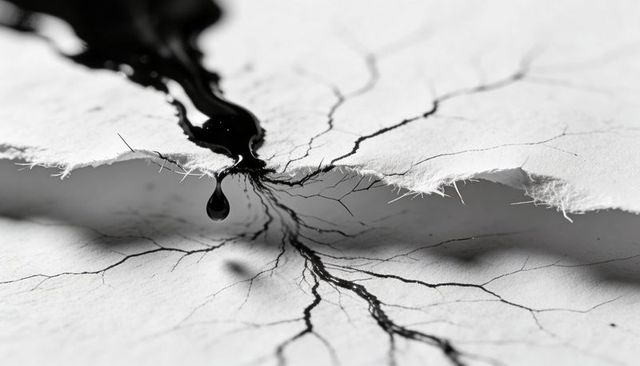 Torn paper leaking glossy black ink with dripping droplet, branching ink veins texture
