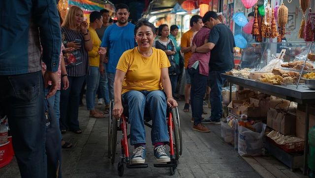 Smiling asian woman navigating night market in wheelchair amid street food and lanterns