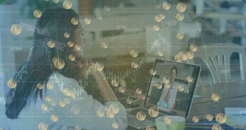 Businesswoman Analyzing Cryptocurrency Data in Virtual Meeting