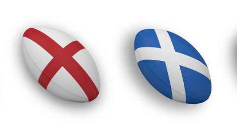 Rugby balls with english and scottish national flags