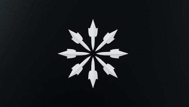 Symmetrical white spearheads in abstract star pattern on dark canvas