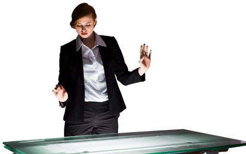 Caucasian businesswoman using futuristic digital table on transparent background