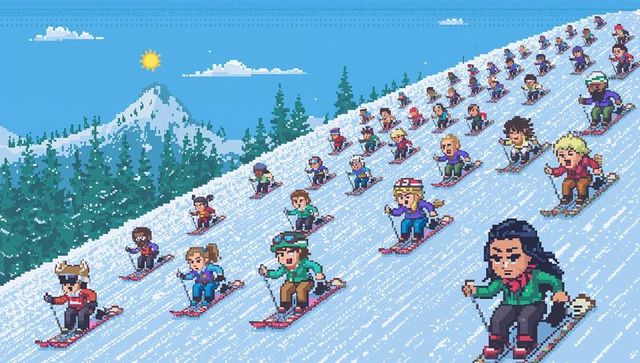 Pixel art crowd skiing down snowy mountain slope, retro winter downhill scene