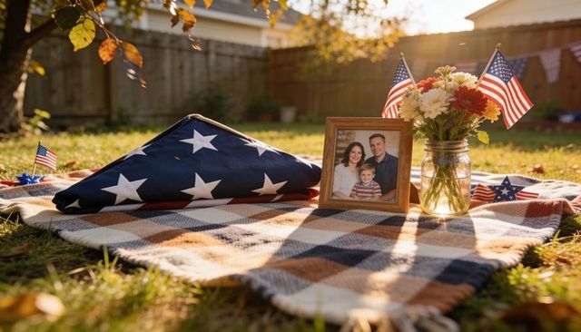 Honoring folded american flag with family portrait and mason jar bouquet on plaid blanket