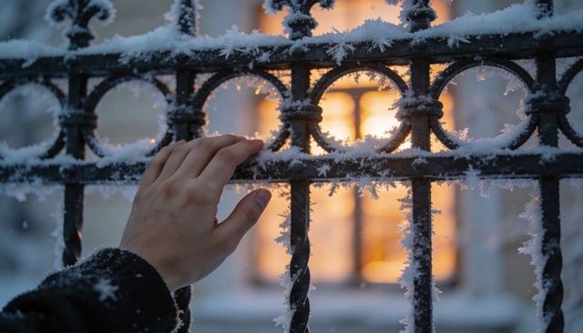 Left hand touching frosted wrought-iron fence with warm interior window glow at dusk