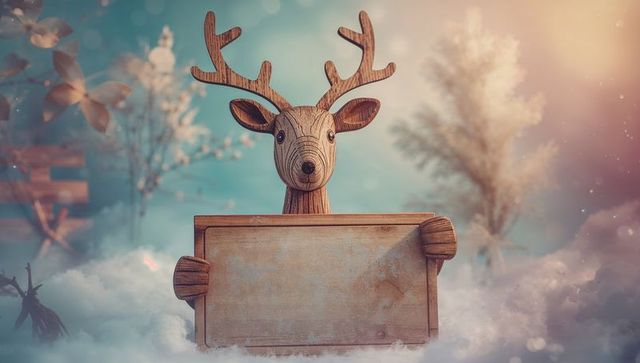 Rustic deer sculpture holding blank wooden sign in winter scene