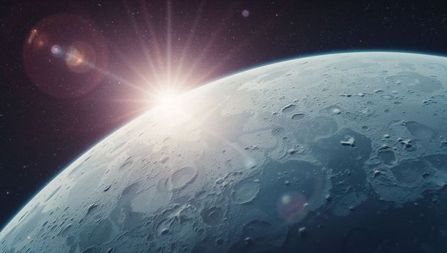 Dramatic sunrise over lunar surface with detailed craters