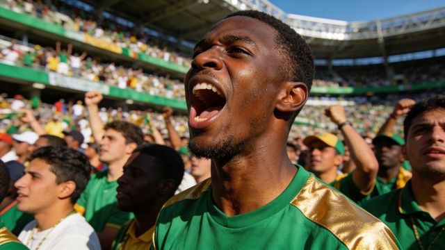 Passionate male fan shouting and cheering in packed stadium wearing green and gold jersey