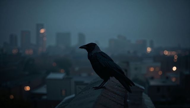 Hooded Crow Perching on Rooftop Overlooking Cityscape at Dusk