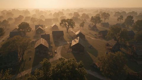 Rustic Village Landscape in Dawn Light with Winding Roads