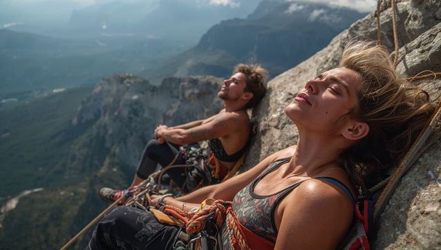 Cliffside climbers resting on exposed ledge overlooking alpine valley