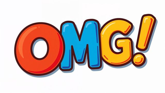 Bold glossy omg! lettering with vibrant gradient colors and thick cartoon outlines
