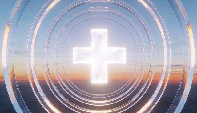 Glowing crystal cross floating within concentric glass rings at sunrise