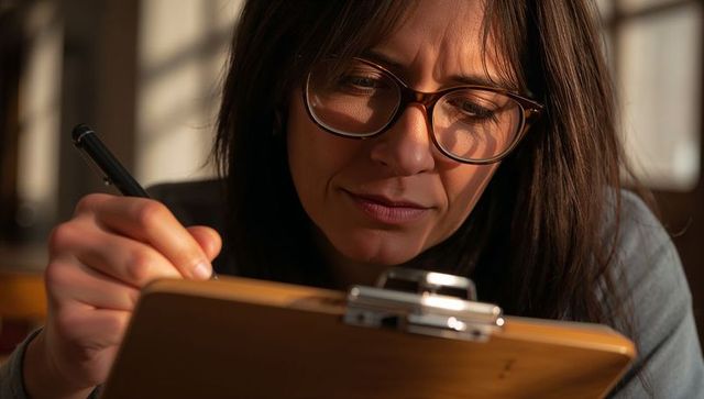 Focused woman wearing tortoiseshell glasses writing on clipboard in warm sunlight close-up