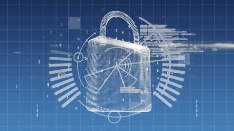 Digital Padlock with Data Processing Elements on Blue Background