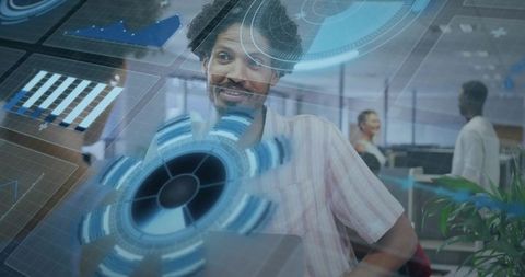 Business Professional Using Holographic Technology in Modern Office