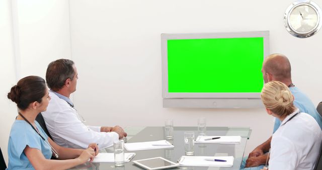 Medical professionals, a diverse group, are seated around a table looking at a monitor with a green screen, with copy space. Their attention suggests a team meeting or a collaborative review of medical data or imaging that could be displayed on the screen.