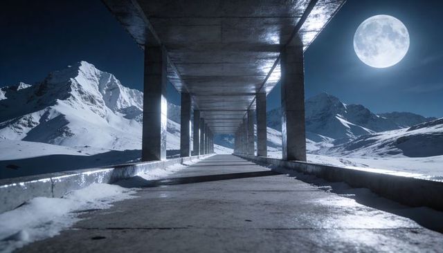 Moonlit colonnade leading through snowy alpine plain with reflective concrete walkway