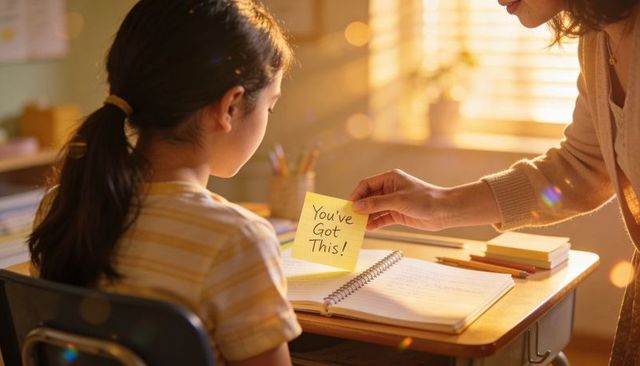 Teacher placing encouraging sticky note on student notebook at sunlit classroom desk