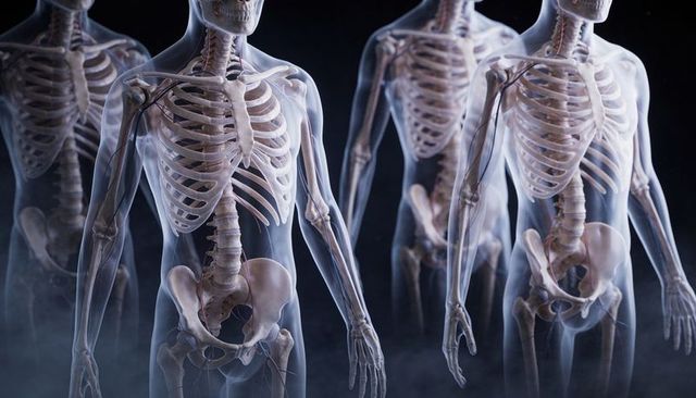Translucent human figures revealing skeletal anatomy, ribcage and pelvis details