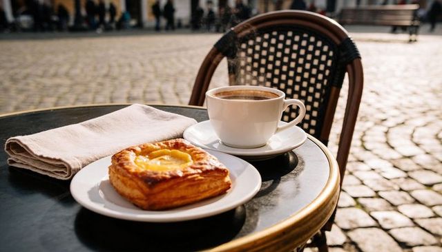 Steaming coffee cup and custard danish sitting on sunlit cobblestone cafe table morning