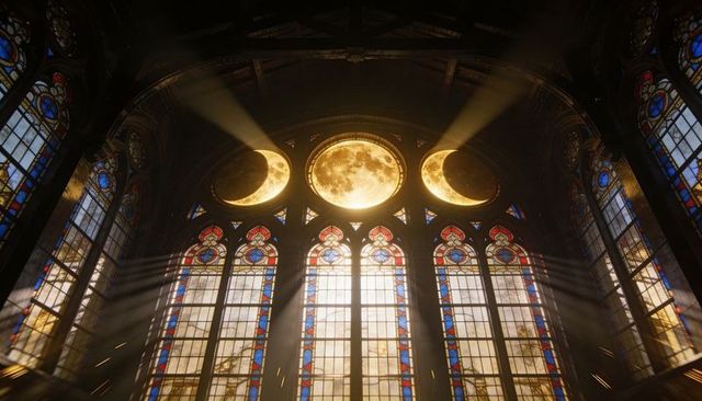 Gothic cathedral stained glass with glowing moon triptych, golden beams and dust motes