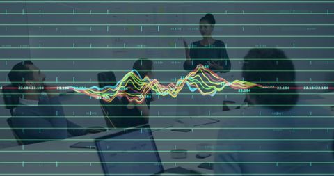 Business Team Meeting Overlaid with Financial Data Analysis Graph