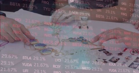 Financial data overlay on jewelry selection process in business meeting