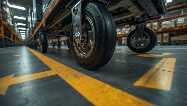 Closeup caster wheel rolling on marked warehouse floor with pallet racks and concrete