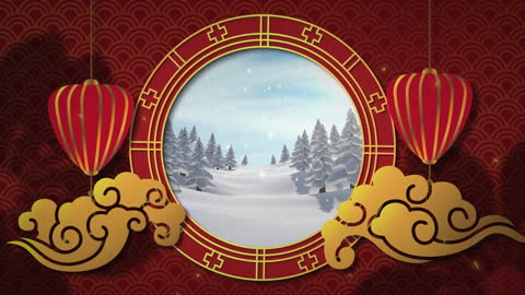 Chinese Themed Winter Landscape with Falling Snow