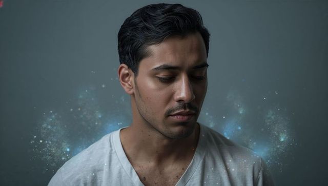 Introspective man with blue cosmic particles, minimalist soft-light portrait, contemplative mood