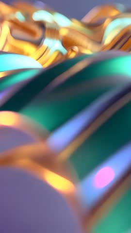 Vertical abstract loop with gold ribbons and teal waves flowing in metallic motion