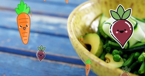 Cartoon carrot and beetroot icons on vegetable salad