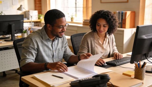 Colleagues reviewing documents at desk during collaborative office work