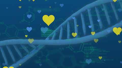 Spinning DNA Strand and Data Overlaid with Hearts Motif