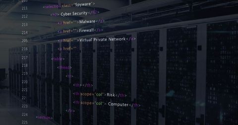 Cybersecurity code over data center with server racks