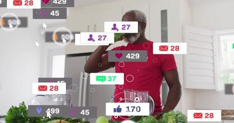 Senior black man drinking smoothie in kitchen with social media engagement overlays