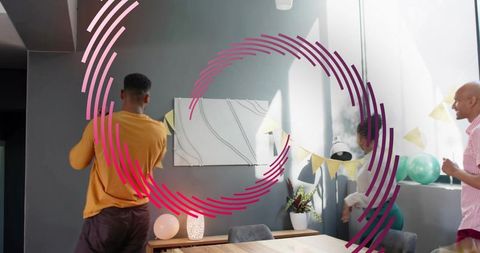 Friends decorating living room with bunting and teal balloons, party with magenta overlay