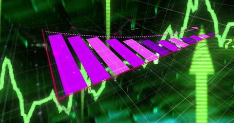 Neon holographic 3d bar chart rising on futuristic trading dashboard with green trend arrow