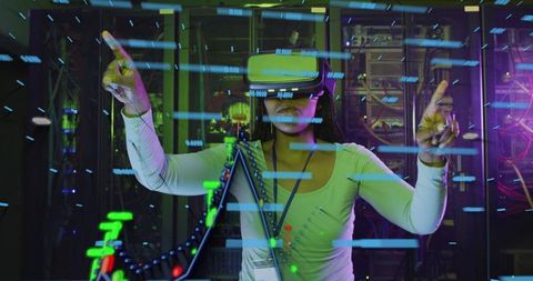 Woman engaging with vr technology in data center environment
