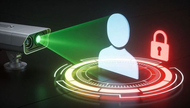 Surveillance camera scanning holographic user for biometric authentication with security hud