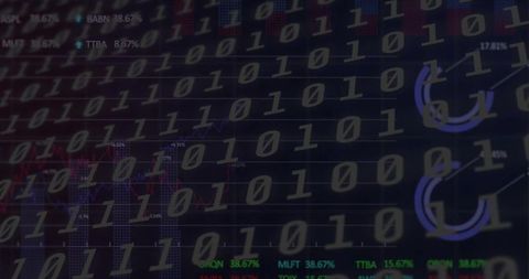 Binary Code Overlay on Digital Finance Dashboard with Stock Tickers