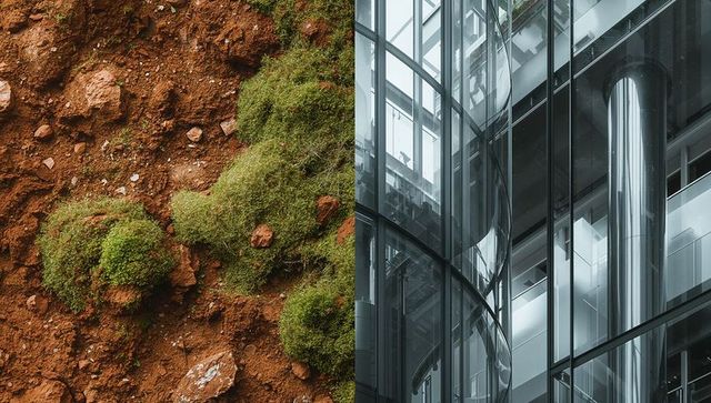 Contrasting moss-covered soil with sleek glass atrium split-frame juxtaposition nature vs tech