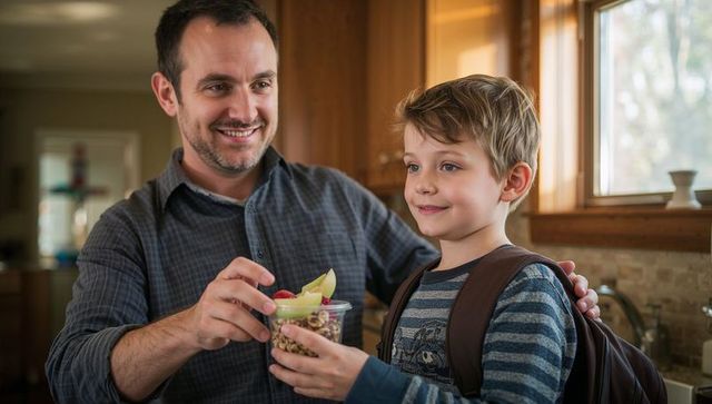 Father offering healthy granola cup to son wearing backpack in warm kitchen morning